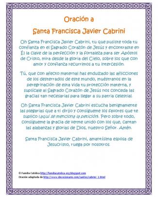 Oración A Sta Francisca Javier Cabrini