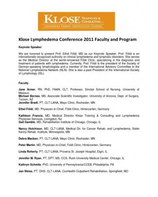 Klose Lymph Edema Conference 2011 Faculty And Program