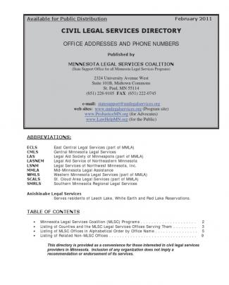 Minnesota - Civil Legal Services Directory, Published By Minnesota Legal Services Coalition