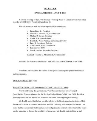 Lower Swatara Twp. July 2, 2013 Special Meeting Minutes