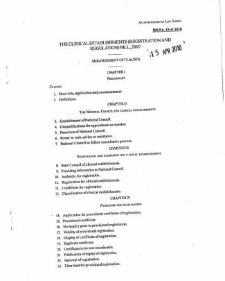 Clinical Establishment Bill 2010