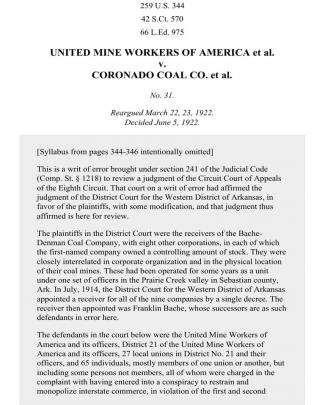 Mine Workers V. Coronado Coal Co., 259 U.s. 344 (1922)
