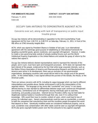 Press Release - Occupy San Antonio To Demonstrate Against Acta