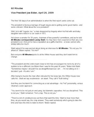 Vice President Joe Biden On 60 Minutes, April 26, 2009, (video And Transcript)