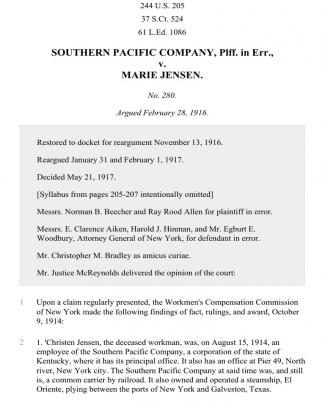 Southern Pacific Company, Plff. In Err. V. Marie Jensen, 244 U.s. 205 (1916)