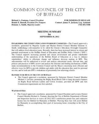 Buffalo Common Council Report  - 9.17.12