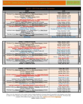 Pacific Oaks Academic Calendar 2012-2013
