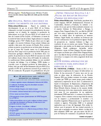 Hidrocarburos Bolivia Informe Semanal Del 9 Al 15 De Agosto 2010