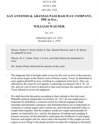 San Antonio & Aransas Pass R. Co. V. Wagner, 241 U.s. 476 (1916)