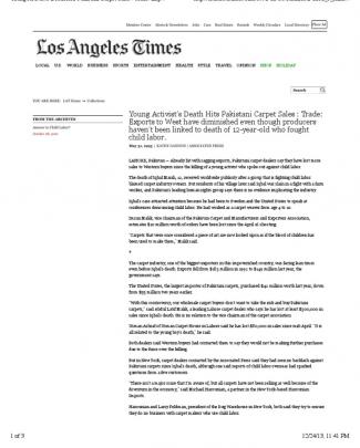 Young Activist's Death Hits Pakistani Carpet Sales - Los Angeles Times