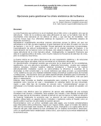 Optiones Para Gestionar La Crisis Sistémica De La Banca (by Lietaer, Ulanowicz, Goerner)